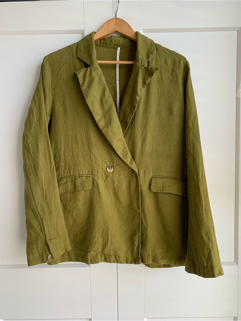 100% linen Women's Double-Breasted Blazer in olive 🫒 green size L